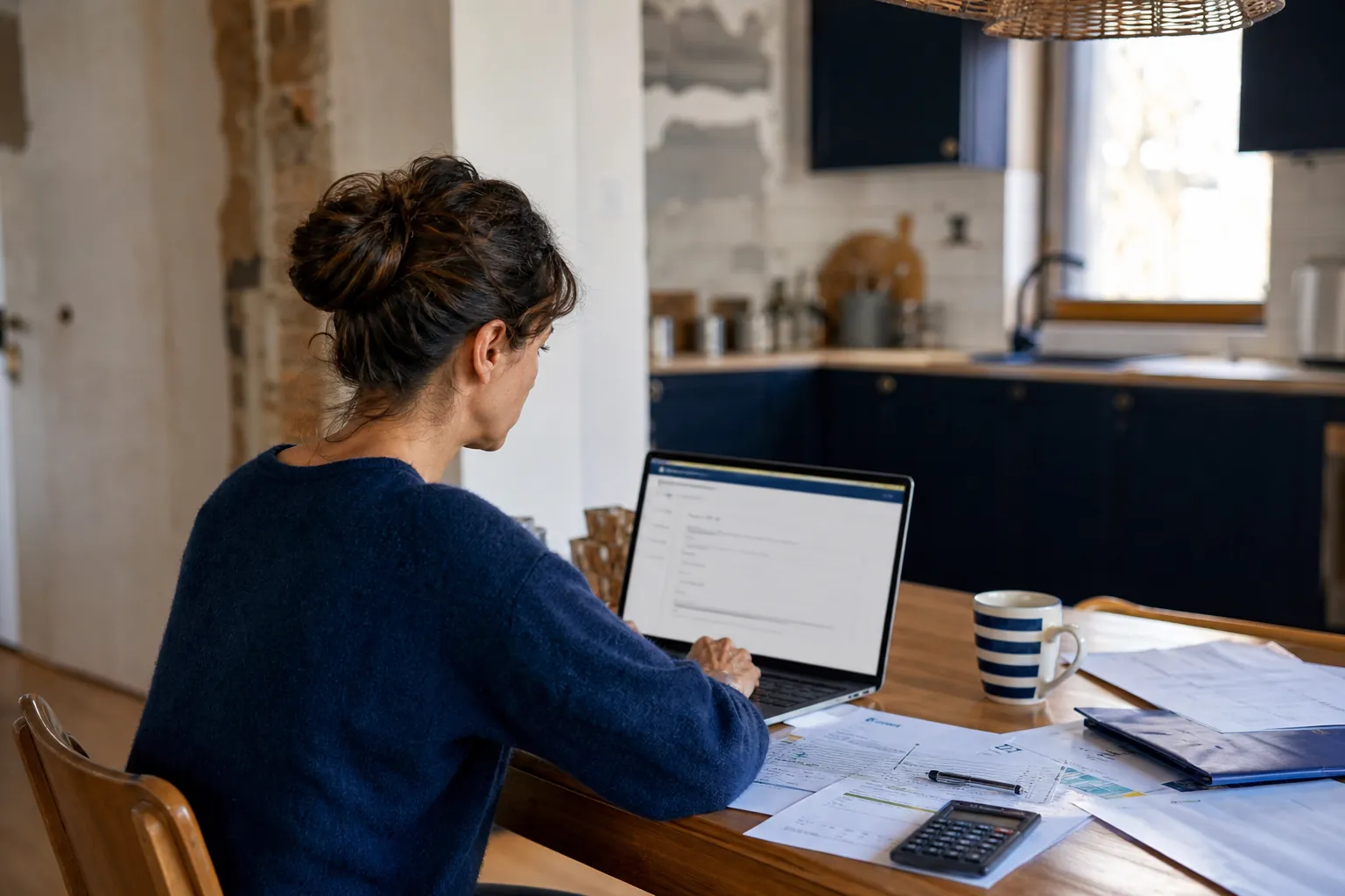 Particulière qui remplit une demande d'aide à la rénovation sur ordinateur