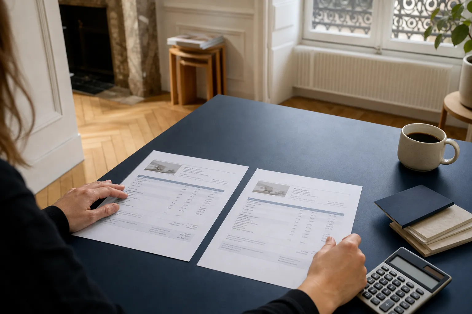 Deux devis de travaux comparés côte à côte avec une calculatrice