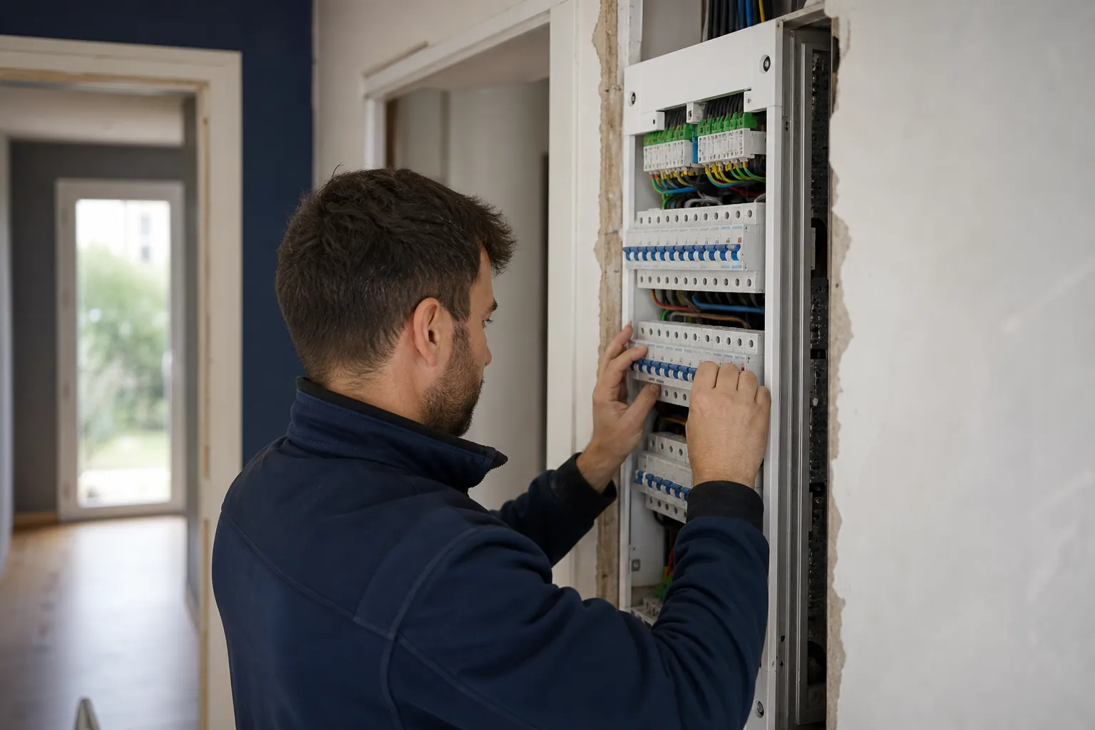 Électricien qui installe un tableau électrique neuf dans une maison