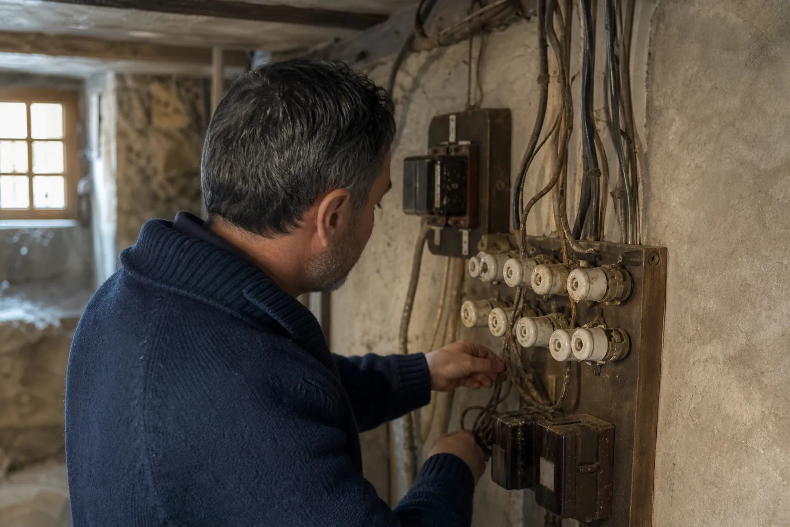 Ancienne installation électrique à fusibles en porcelaine dans une cave