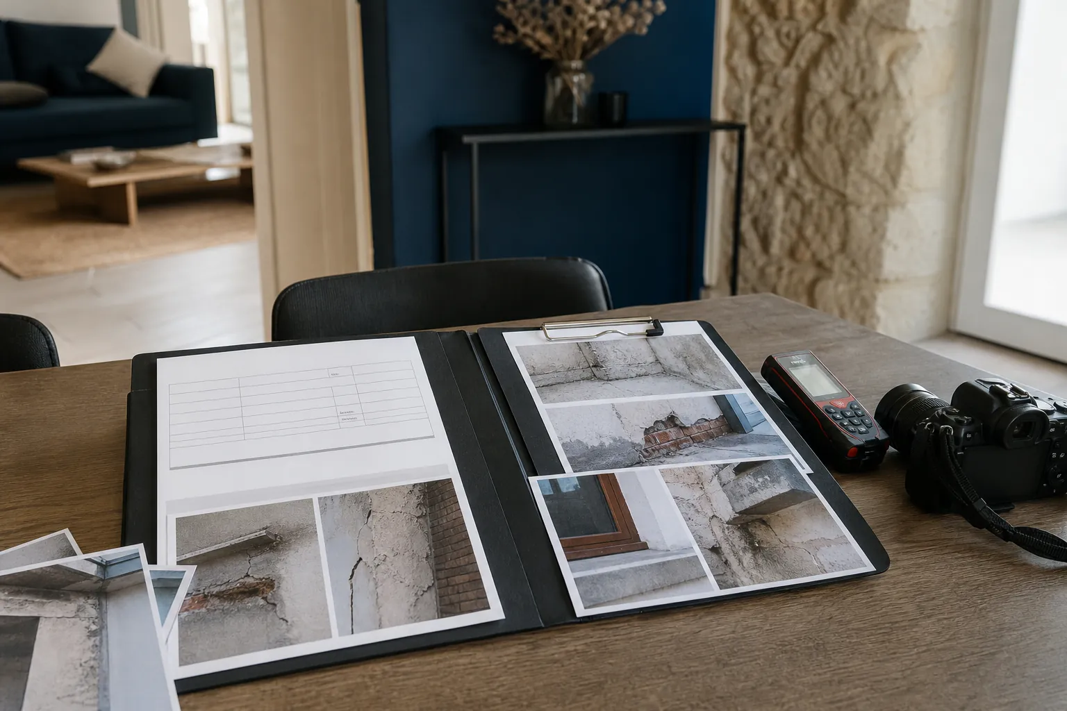Rapport d'expertise bâtiment avec photos des désordres, télémètre et appareil photo