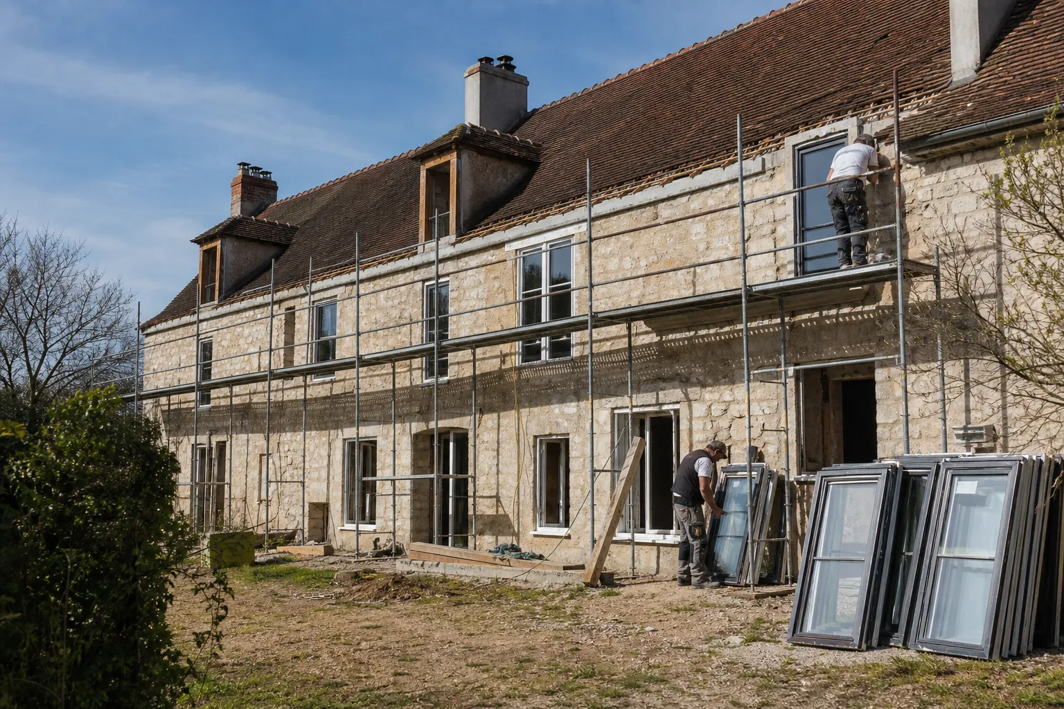 Maison en pierre en rénovation globale avec échafaudage et fenêtres neuves