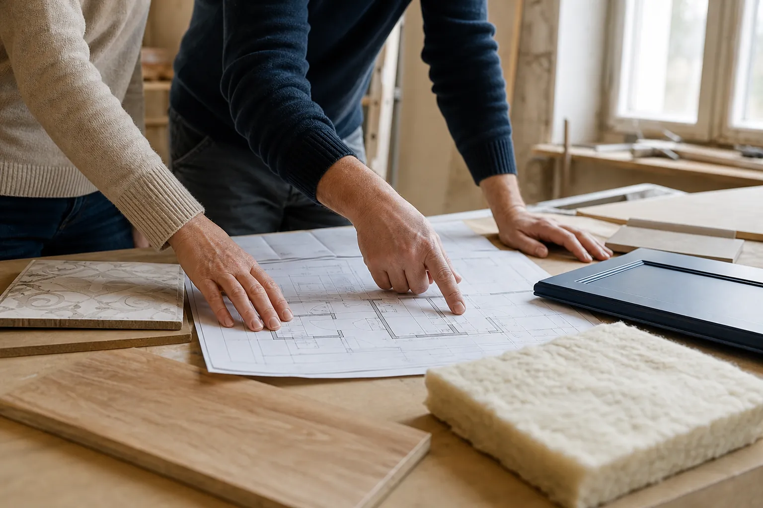 Plans de rénovation d'une maison avec des échantillons de matériaux