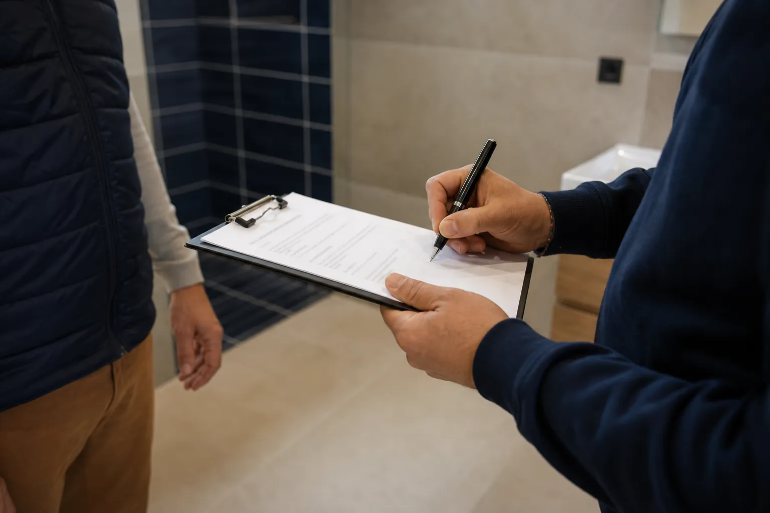 Signature d'un procès-verbal de réception de travaux dans une salle de bains rénovée