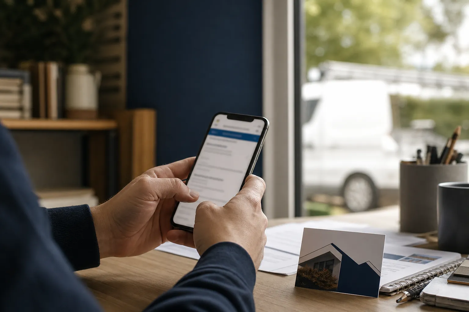 Vérification d'une entreprise de travaux sur smartphone avec sa carte de visite