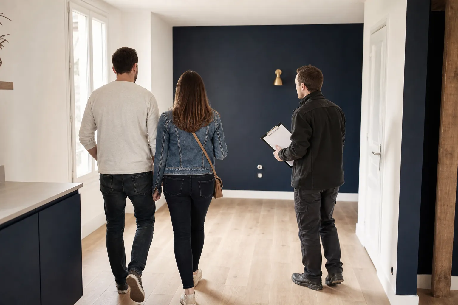 Couple qui fait la réception d'un chantier de rénovation avec l'entrepreneur