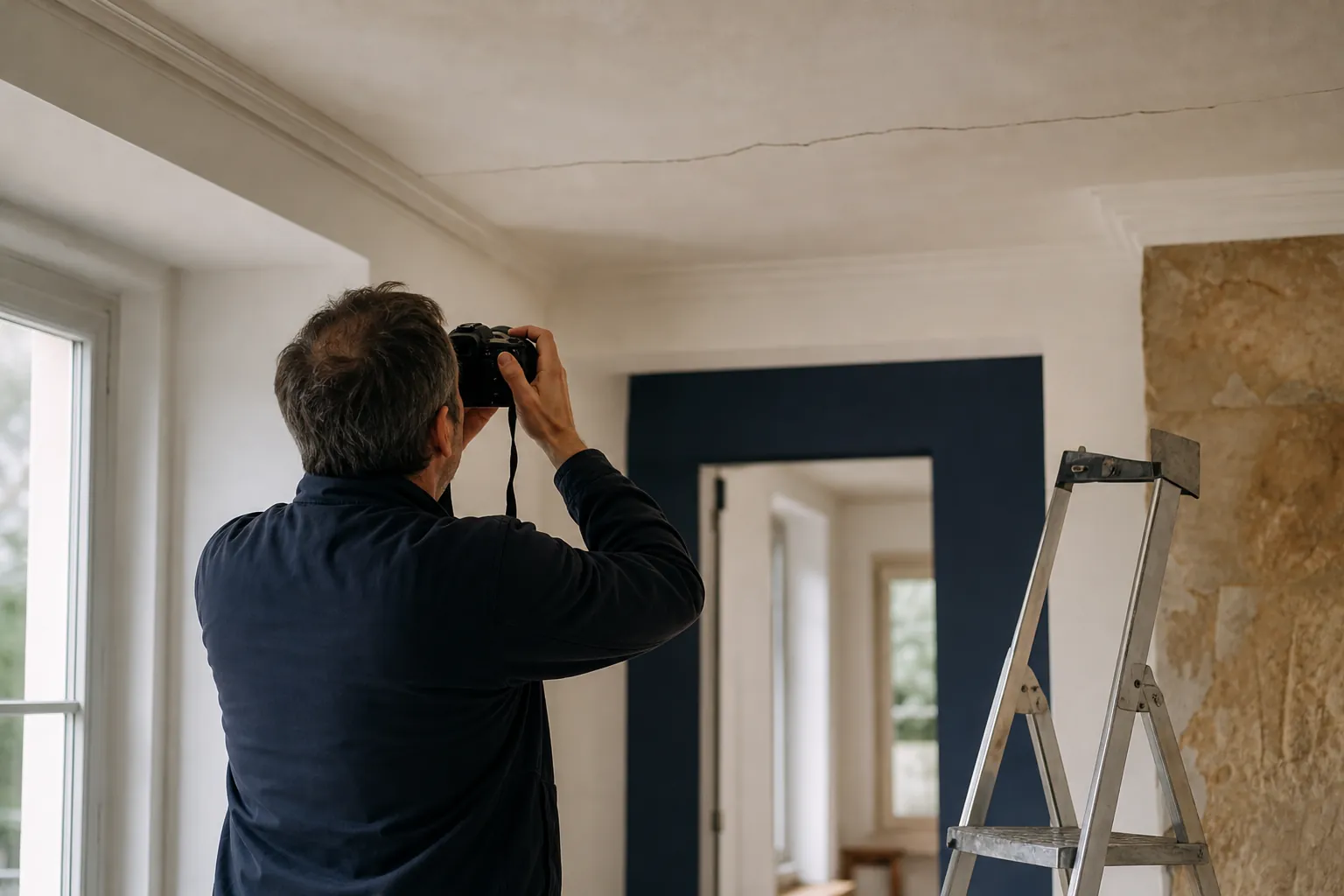 Expert qui photographie une fissure au plafond