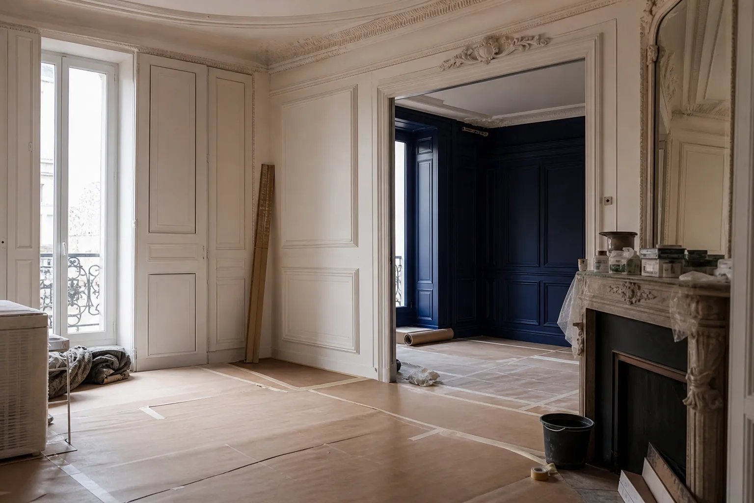 Appartement haussmannien en travaux avec parquet protégé