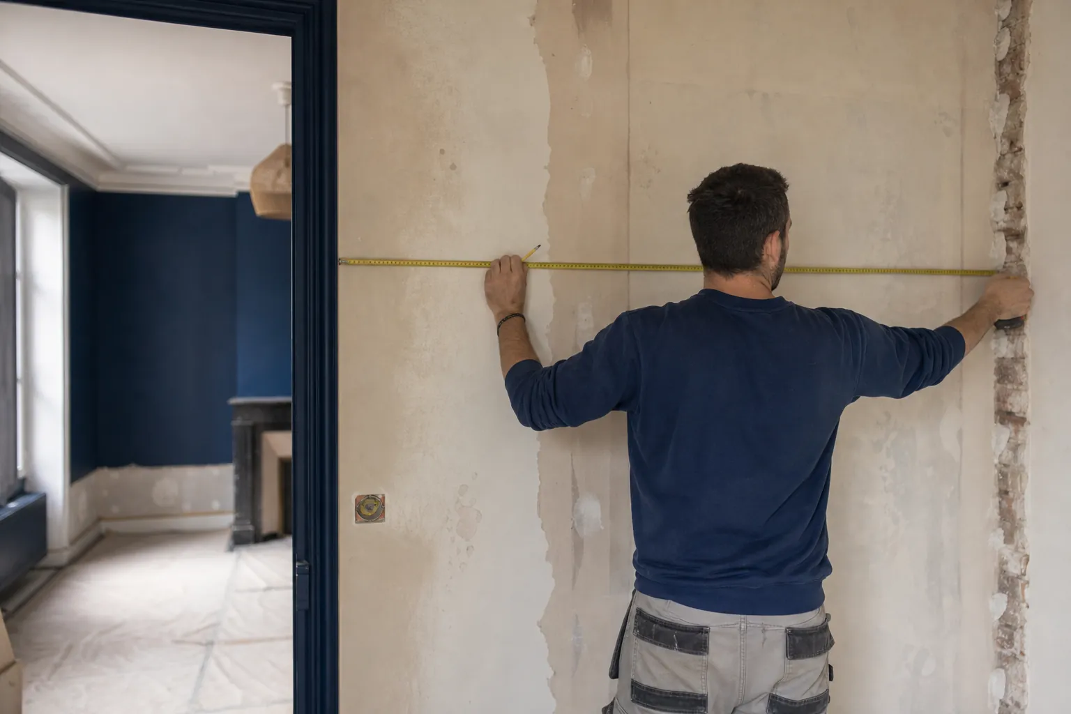 Artisan qui mesure un mur dans une pièce en rénovation