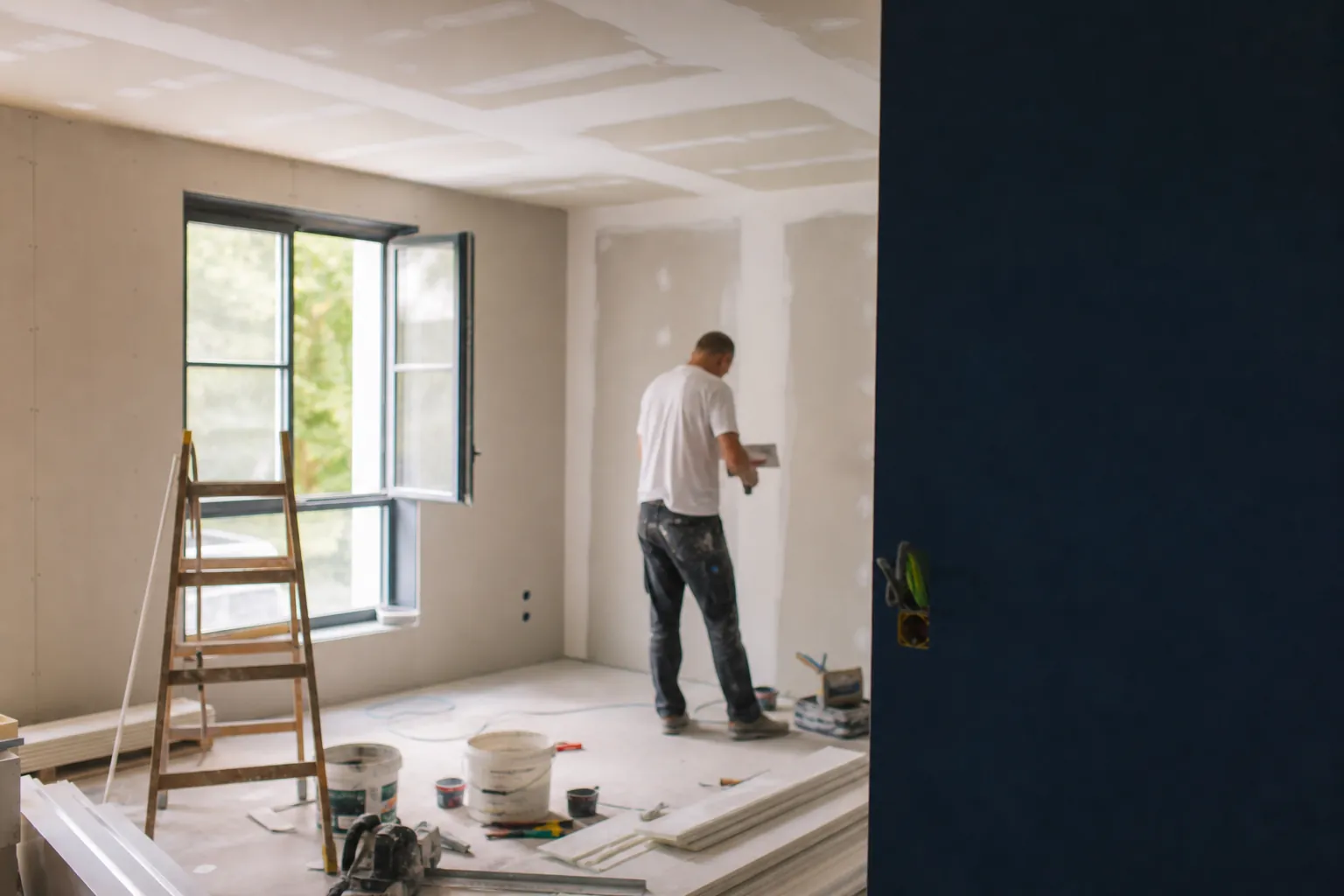 Chantier de rénovation intérieure avec plaques de plâtre et escabeau