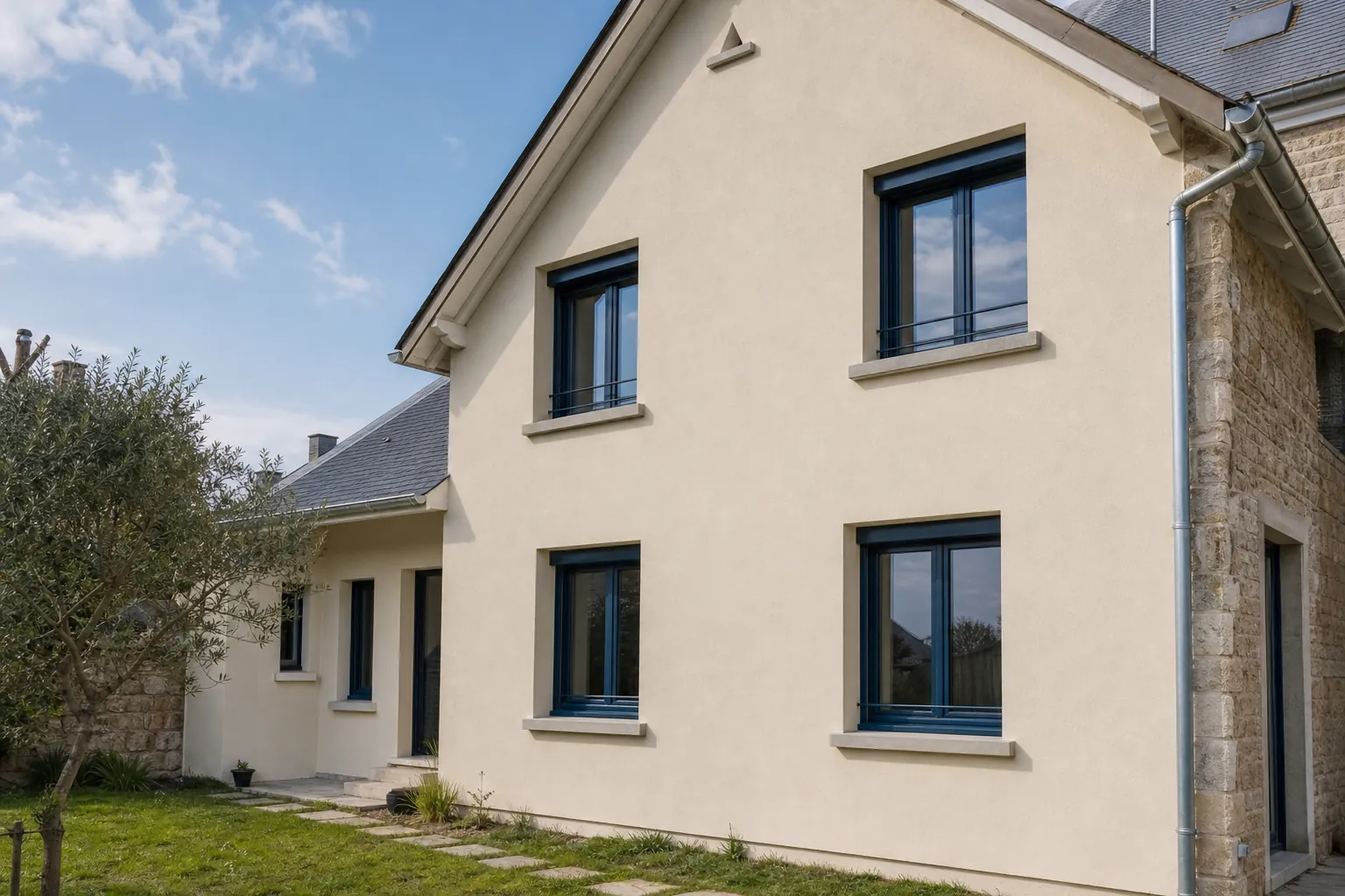 Façade de maison rénovée avec enduit neuf et fenêtres neuves