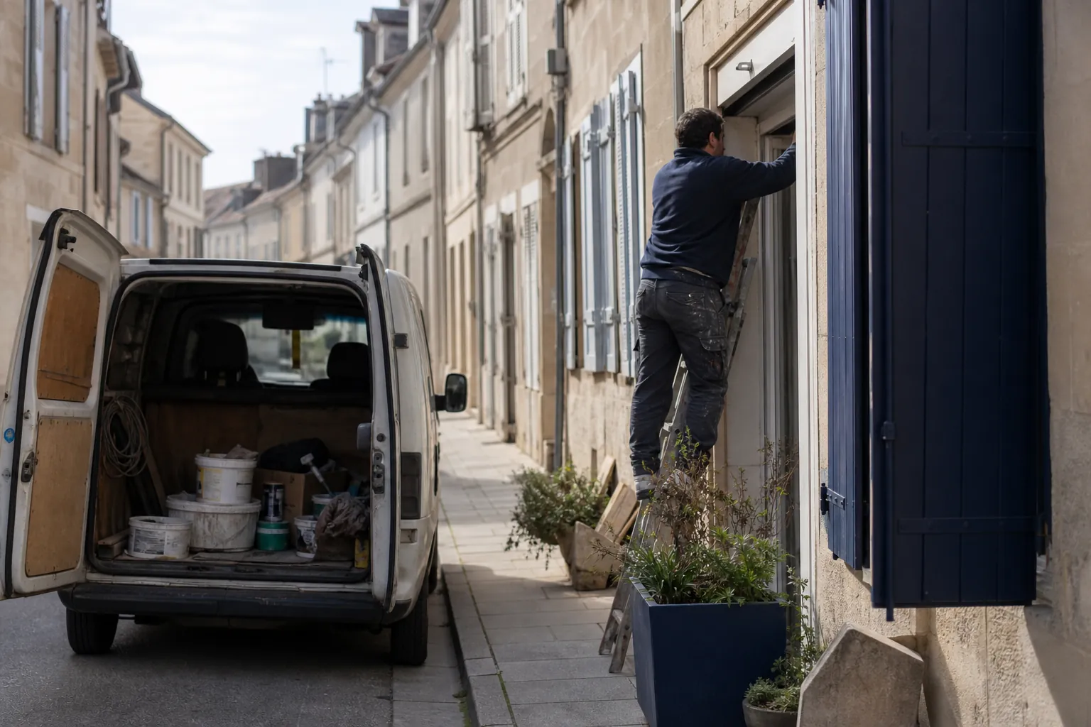 Rue d'une ville française avec un utilitaire d'artisan garé devant une maison